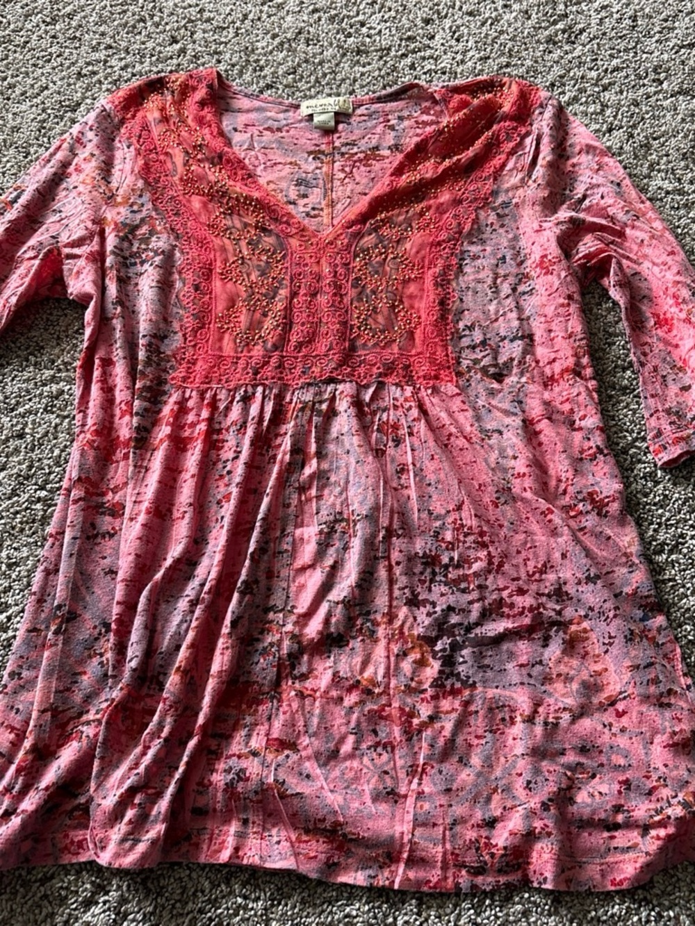 ONE WORLD Pink Crochet Trim V-Neck Boho Tunic